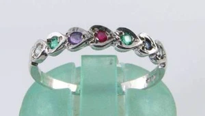 DEAREST 9K 9CT WHITE GOLD ETERNITY BAND STACK HEART 7 Stone RING FREE RESIZE - Picture 1 of 6