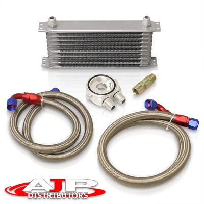 13.5"X2"X5" 9-Row Transmission Oil Cooler Silver + Stainless Lines + Adapter Set - Image 1 of 4