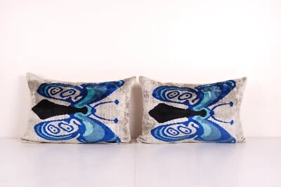 Butterfly Ikat Pillow | Handloom Silk Lumbar Cushion Cover | Set Animal Pattern - Image 1 of 4