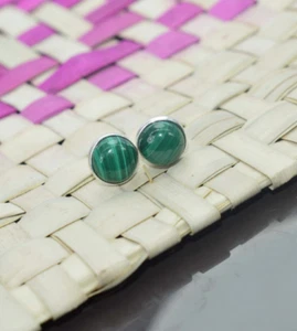 Green Malachite 925 Solid Sterling Silver Gemstone Stud Earring - Picture 1 of 4