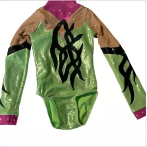 Ozone gymnastics green competition long sleeve custom leotard rhinestone YXS - Picture 1 of 8