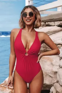 Cupshe Women's One Piece Swimsuit V Neck Adjustable Straps Red O-Ring Red LARGE - Picture 1 of 5