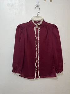 Vtg 70s Womens Top Size Medium Burgundy Red Lace Trim Button Up Prop Costume - Picture 1 of 6