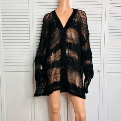 RAG & BONE Black Lillian Stripe Open Stitch Alpaca Blend Cardigan Size Medium - Image 1 of 4