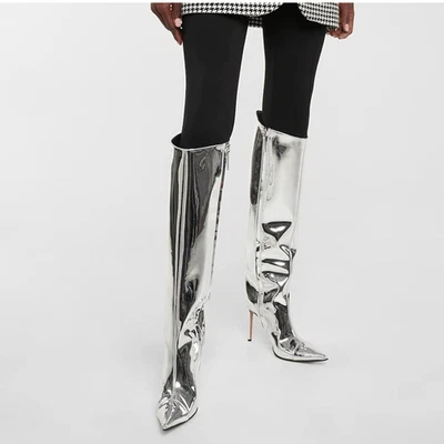 Size 7 Knee High Women Wide Calf 4” Stiletto High Heel Metallic Chrome Boots - Image 1 of 4