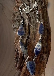Collar artesanal de piedras preciosas de sodalita - enchapado en plata 925 - nuevo - Imagen 1 de 4