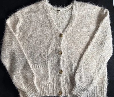 FREE PEOPLE Cream Tan NEVERMIND CARDIGAN SWEATER SIZE MEDIUM Oversized C-50" - Image 1 of 4