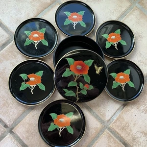 Vintage Otagiri Japan Camellia Black Lacquerware Coaster Set Of 6 - Picture 1 of 13