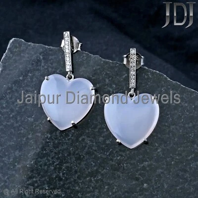 Drop Earrings Natural Pave Diamond Rose Quartz Gemstone 925 Silver Heart Earring - Image 1 of 4