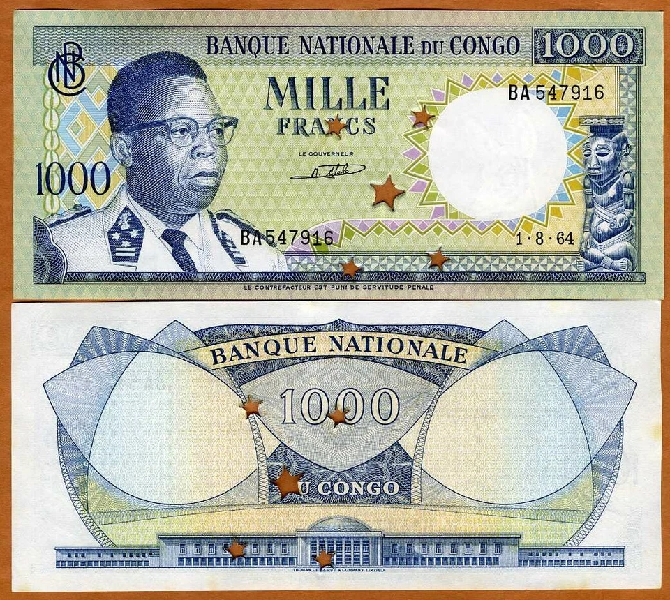 Congo D.R. 1000 Francs, 1964 P-8b, Punch Hole Cancelled UNC - Image 1 of 1