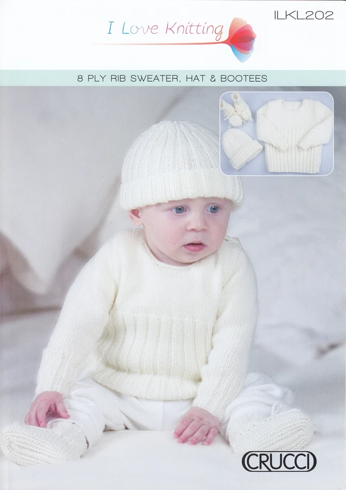 Crucci Knitting Pattern ILKL202, 8 Ply Rib Sweater, Hat and Booties - Image 1 of 1