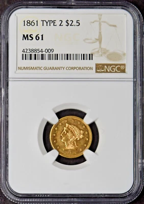 1861 Type 2 $2.5 Gold Liberty Head Quarter Eagle - NGC MS61 - ✪COINGIANTS✪ - Image 1 of 2
