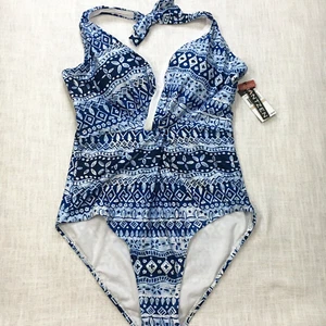 Jantzen One Piece Halter Swimsuit Women 12 Blue Tribal Print Beach Beach Resort - Picture 1 of 16
