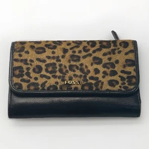 Fossil black leather/Wallet cowhide leopard Tri-Fold Card Holder Wallet - Picture 1 of 9
