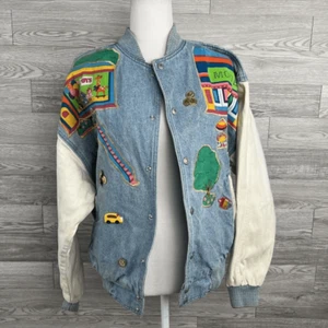 VINTAGE Rare Quaker Factory Denim Bomber Jacket Size L Patchwork Embroider 60's - Picture 1 of 12