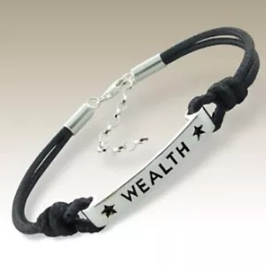 Sterling Silver Bracelet inspirational tag WEALTH black cord UNIQUE Secure clasp - Picture 1 of 1