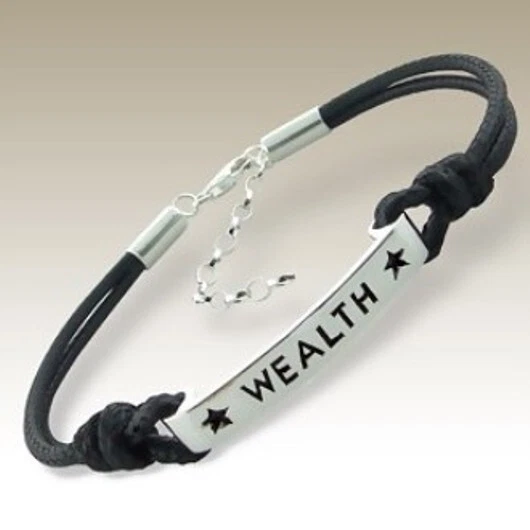 Sterling Silver Bracelet inspirational tag WEALTH black cord UNIQUE Secure clasp - Image 1 of 1