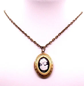 1x Bronze Colour Photo Locket w/ Black Resin Cameo Pendant Chain Necklace - Picture 1 of 3