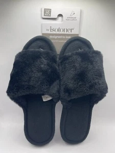 isotoner women's LG (8.5-9) soft faux fur open toe black slippers - Picture 1 of 5