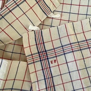 One Vintage French Metis Linen Red Blue Stripe Plaid Kitchen Torchon Towel EP - Picture 1 of 10