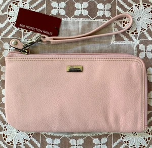 Buxton Leather Wallet Womens Wristlet Zip Around RFID Pebbled Pink 9 in x 5 inch - Picture 1 of 7
