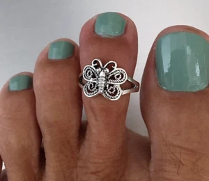 Solid Metal 925 Silver Women's Adjustable Butterfly Toe Ring White Gold Plated - Picture 1 of 5