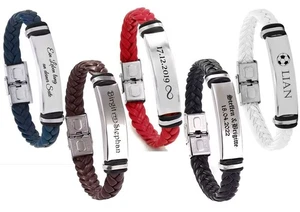 ID Leder Armband mit Edelstahlplatte inkl. Gravur nach Wunsch in 5 Farben, Zopf - Picture 1 of 17