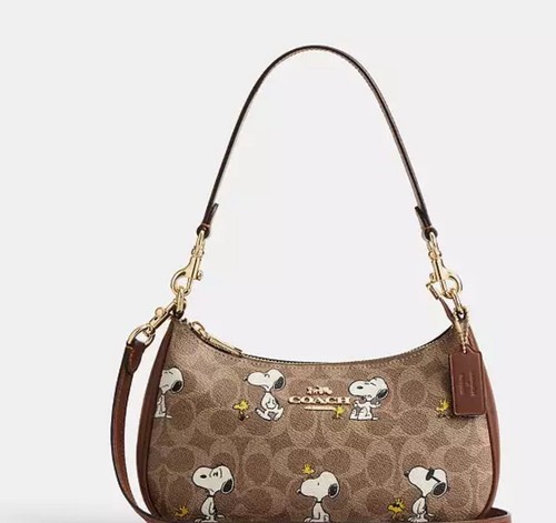 Borsa a tracolla Coach x PEANUTS Teri marrone marrone chiaro stampa snoopy firma tela CBJ88