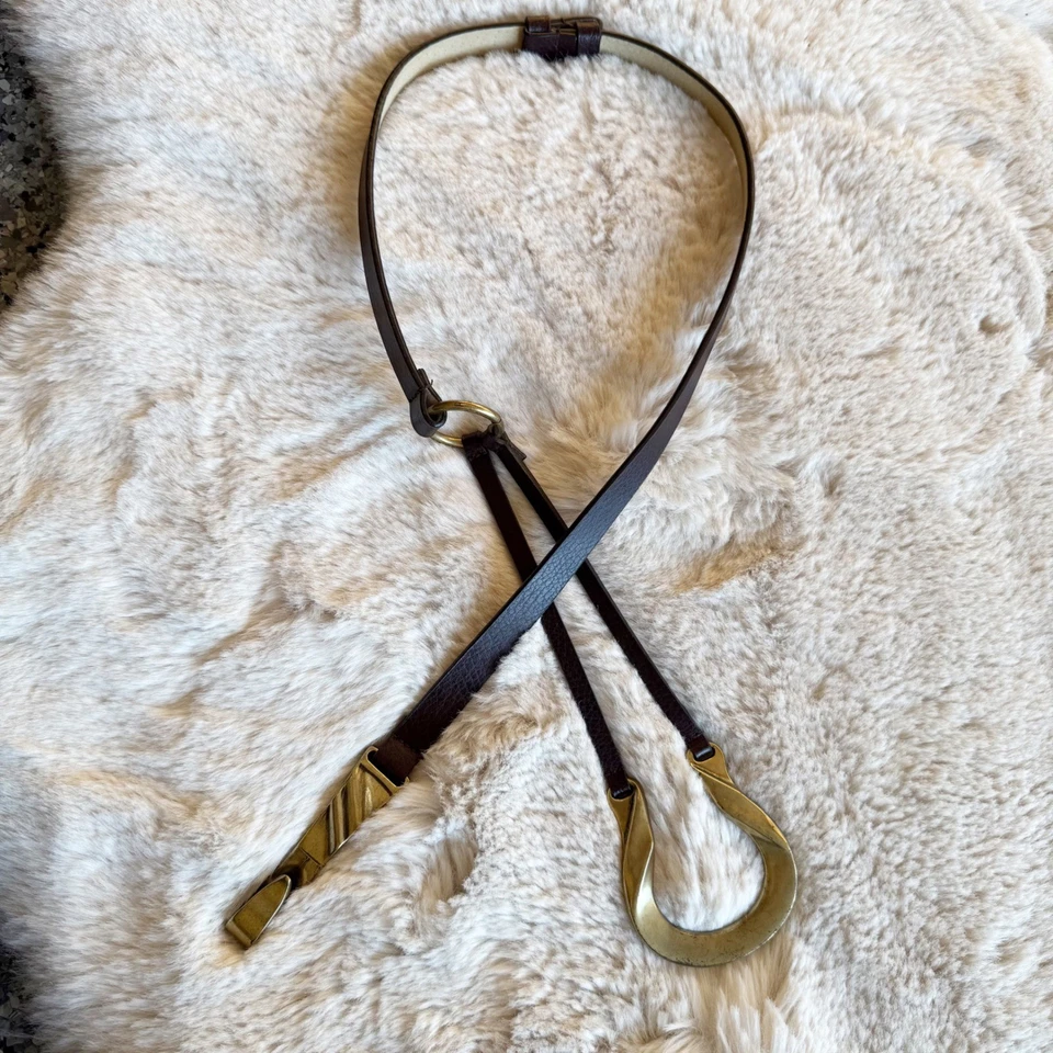 复古 Chicos 皮革腰带女式小号金色马蹄扣深棕色 — 第 1/4 张图片