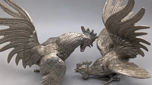 Vintage Pair of Silver Plated Bird Sculptures Fighting Roosters - Italy  - Picture 1 of 19