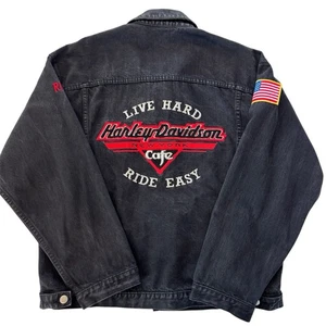 Vintage Harley Davidson Denim Jeansjacke Herren M New York Cafe Flagge bestickt - Bild 1 von 15