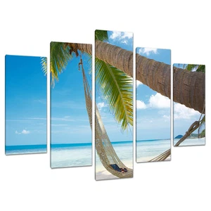 Set of 5 Beach Wall Art Canvas Pictures Blue Caribbean Maldives 5039 - Picture 1 of 1