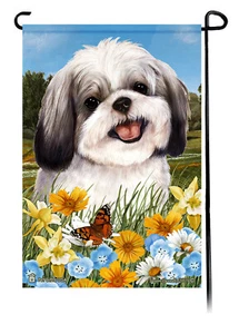 Bandera de jardín con flores de verano - Shih Tzu plateado y blanco - Imagen 1 de 1