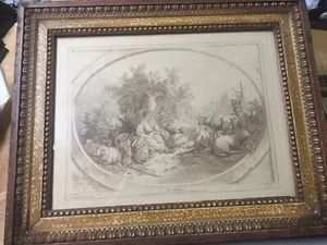 ANTIQUE PAIR FRENCH ENGRAVINGS UNDER GLASS CARVED WOOD FRAMES COUNTRY ANIMALS - Picture 1 of 16