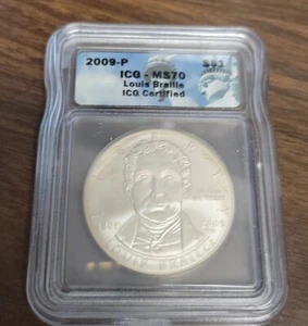 2009 P Louis Braille Bicentennial Commemorative Unc. Silver Dollar - ICG MS70 - Bild 1 von 6