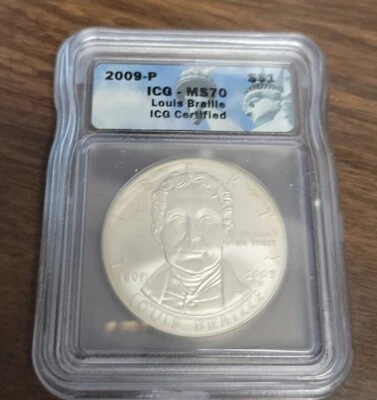2009 P Louis Braille Bicentennial Commemorative Unc. Silver Dollar - ICG MS70 - Image 1 of 4