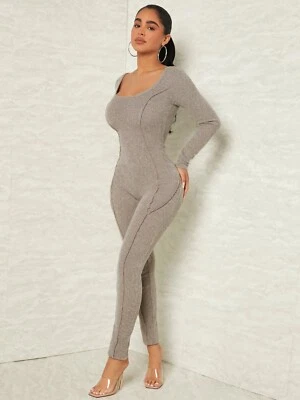 Unitard Jumpsuit mit U-Ausschnitt, Rippenstrick - Bild 1 von 4