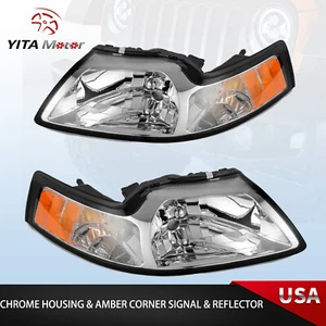 AMBER CORNER HEADLIGHT ASSEMBLY FOR 1999-2004 FORD MUSTANG CHROME HOUSING LAMP - Picture 1 of 12