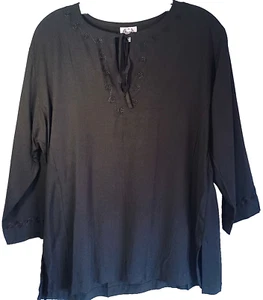 Tunic Blouse, Solid Black, Embroidered, 3/4 Sleeves, Women's Medium, Rayon - Picture 1 of 3