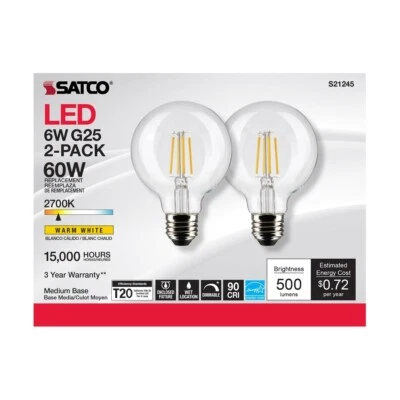 SATCO S21245 - 6 Watt G25 LED Candelabra Bulb - 2700K - 120 Volts (3) 2 Packs - Image 1 of 4