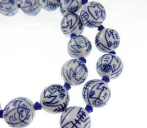 25" Chinese Vintage Bat? Owl? Hand-Knotted Porcelain Bead Necklace Blue White - Picture 1 of 6