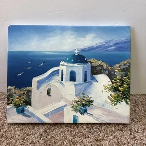 Painting Santorini Greece 8 x 10 inch Stretched Canvas White Church Tourist Gift - Picture 1 of 9