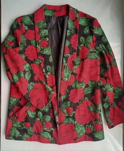 Vintage ( 80'S) Size 12 UK Beautiful roses in🌹 BLOOM Open Front Viscose Blazer - Picture 1 of 7