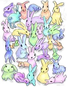 Colorful Bunnies Art Print, adorable, pastel, bunny friends, cute, rabbit whimsy - Picture 1 of 1