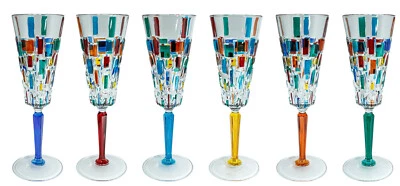 Set of 6 Six Murano Champagne Wine Glass Hand Painted Multi Mixed Stems - Image 1 of 4