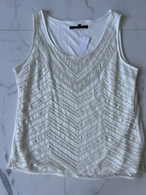 White House Black Market Mesh Lined Large White Tank Top Bead/Leather Design  - Image 1 of 4
