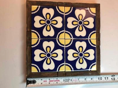 Mexico Talavera Tile Blue Yellow White Floral Pattern 10in x 10in - Image 1 of 4