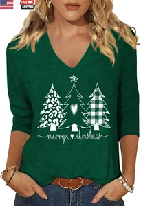 Womens Fall Shirts Halloween V Neck 3/4 Length Sleeve Pumpkin T-Shirts Thanksgiv - Picture 1 of 1