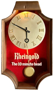 LARGE VINTAGE RHEINGOLD BEER "THE 10 MINUTE HEAD" LIGHTED SIGN PENDULUM CLOCK - Picture 1 of 10