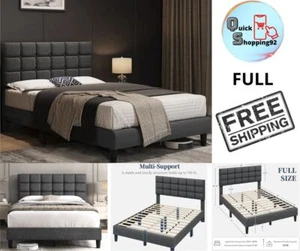 Upholstered Platform Bed Frame with Fabric Headboard and Support Wooden Slats - Picture 1 of 9